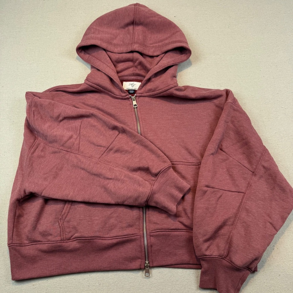 American Eagle S Hoodie Womens Mauve Cropped Full Zip Fleece Lined Relaxed Fit